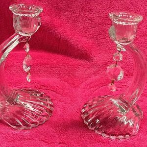 CAMBRIDGE CAPRICE CANDLESTICK HOLDERS  PRISMS SEA SHELL BASE CENTERPIECE (hc3-8)